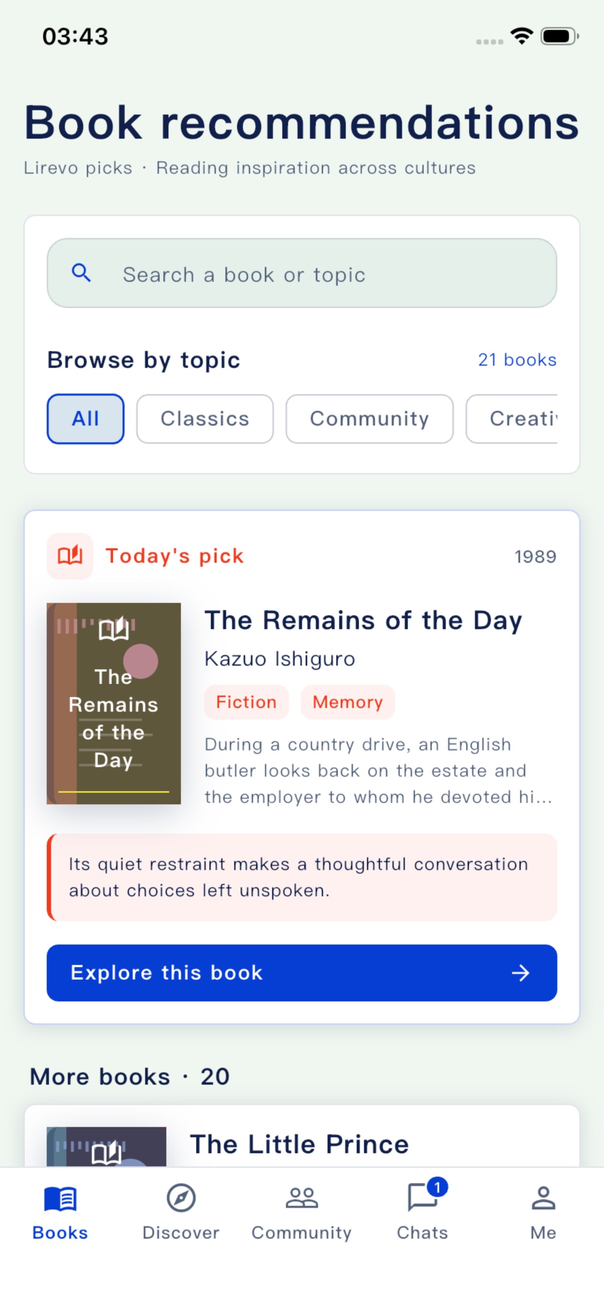 Lirevo book recommendations screen with topic filters and a featured title