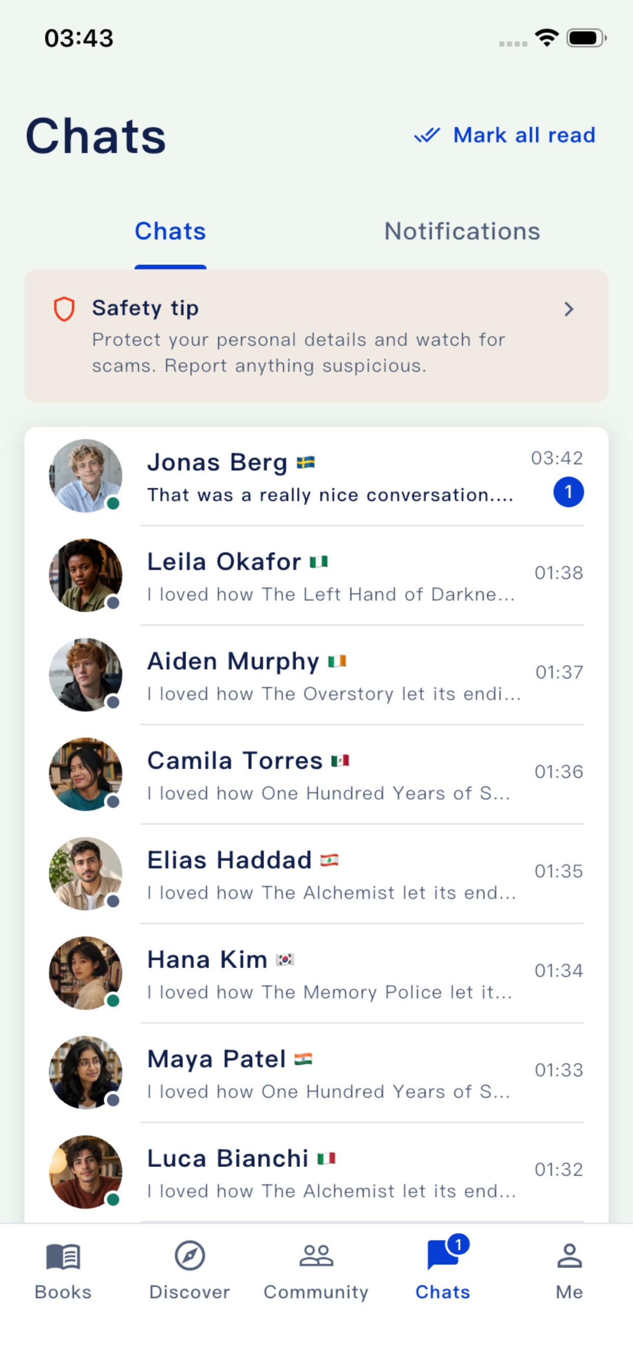 Lirevo chats and safety messages screen