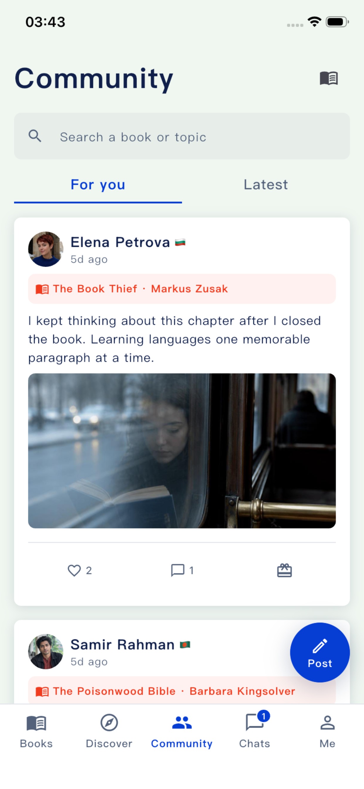 Lirevo community screen with readers sharing thoughts about books