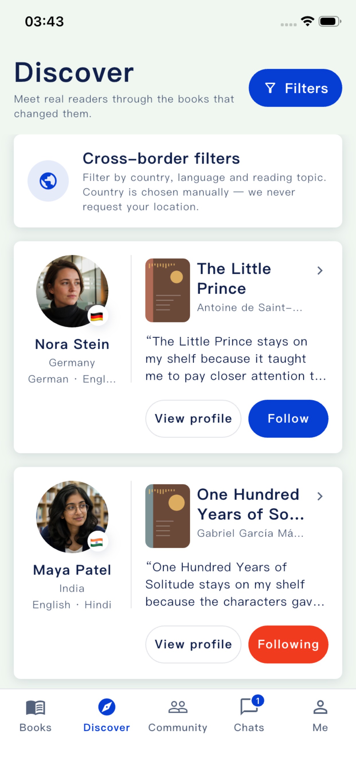 Lirevo discovery screen with readers from different backgrounds and their favorite books