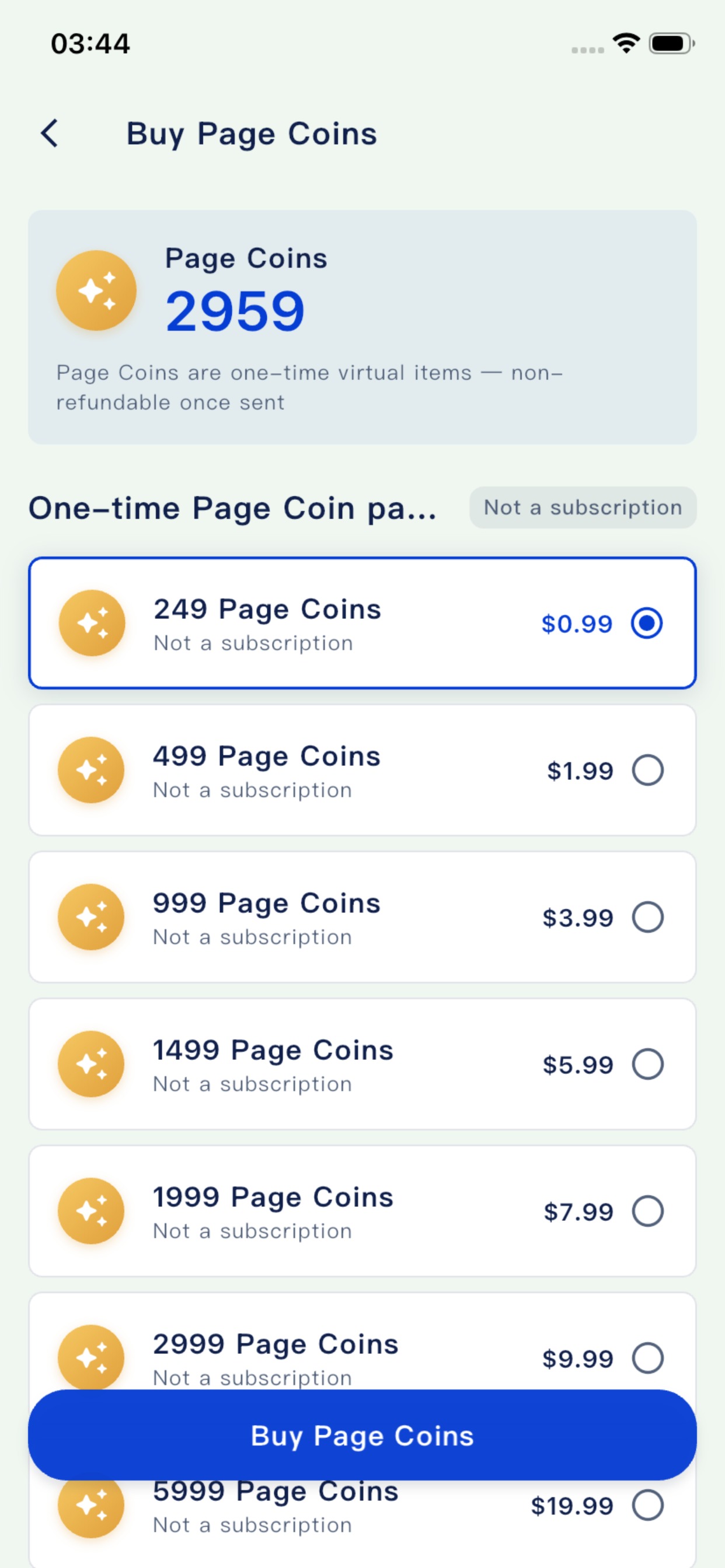 Lirevo Page Coins purchase screen