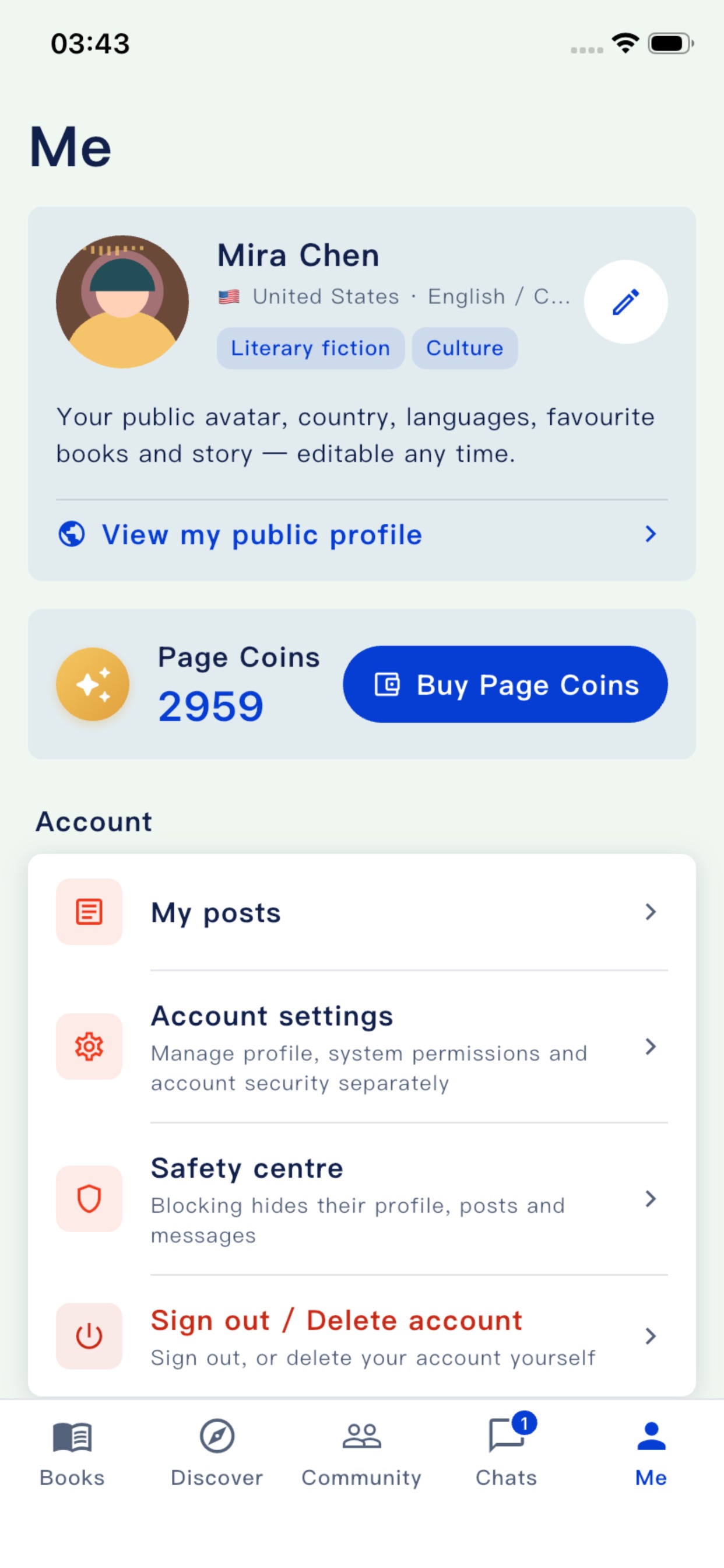 Lirevo profile and account controls screen